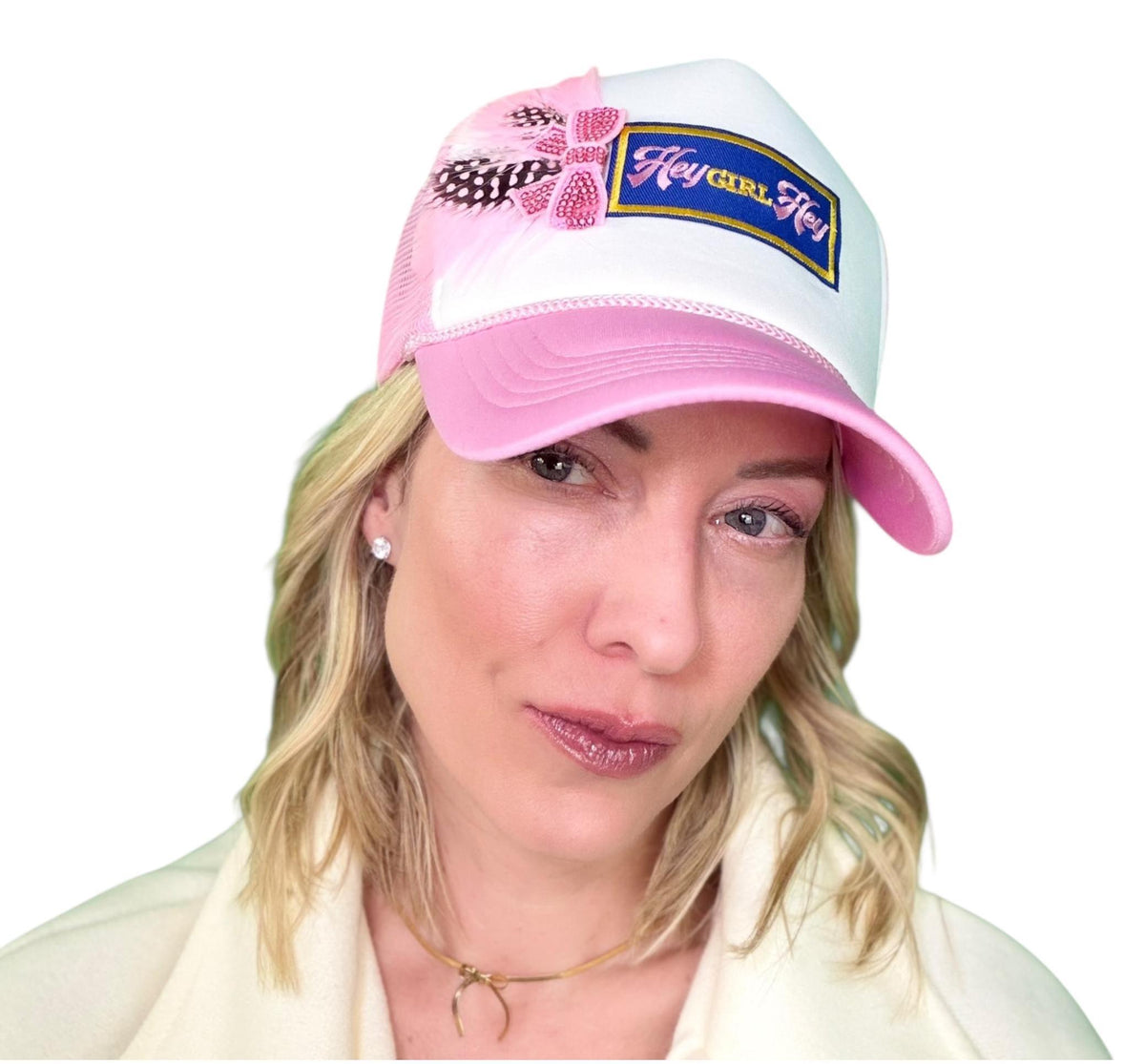 I See You Friendship “Hey GIRL Hey” Patchwork Feather & Jeweled Accented Trucker Hat