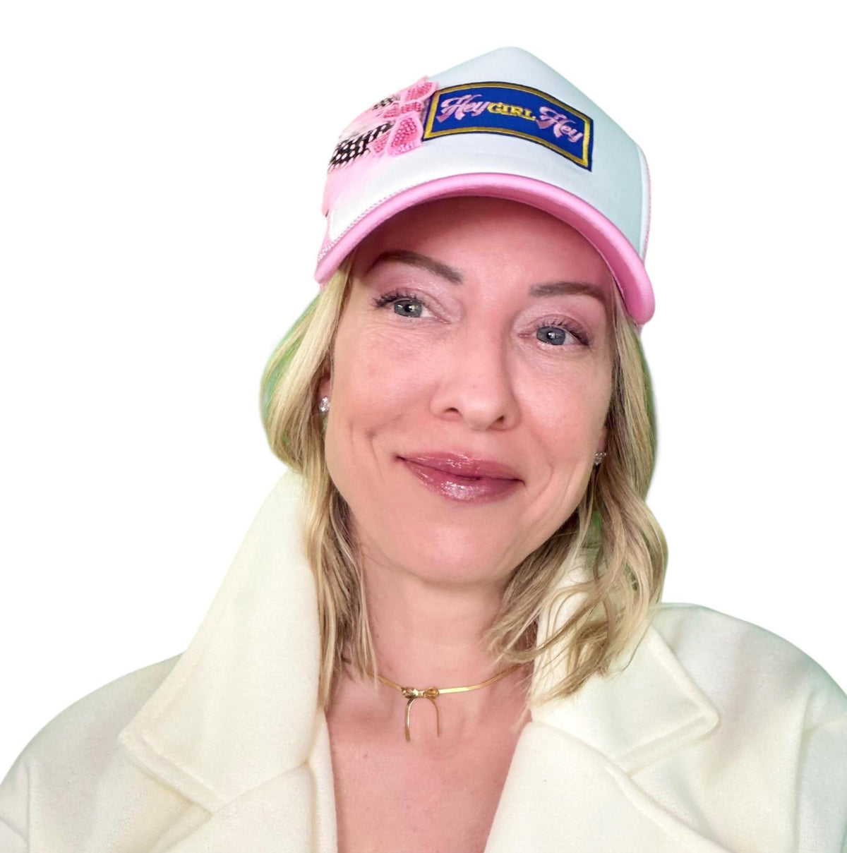 I See You Friendship “Hey GIRL Hey” Patchwork Feather & Jeweled Accented Trucker Hat