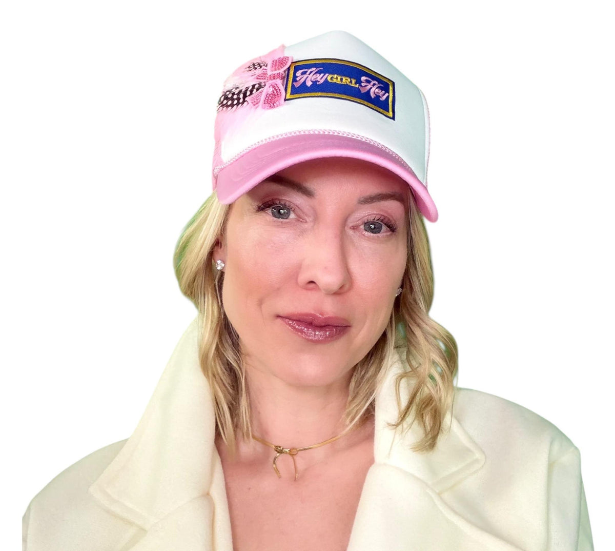 I See You Friendship “Hey GIRL Hey” Patchwork Feather & Jeweled Accented Trucker Hat