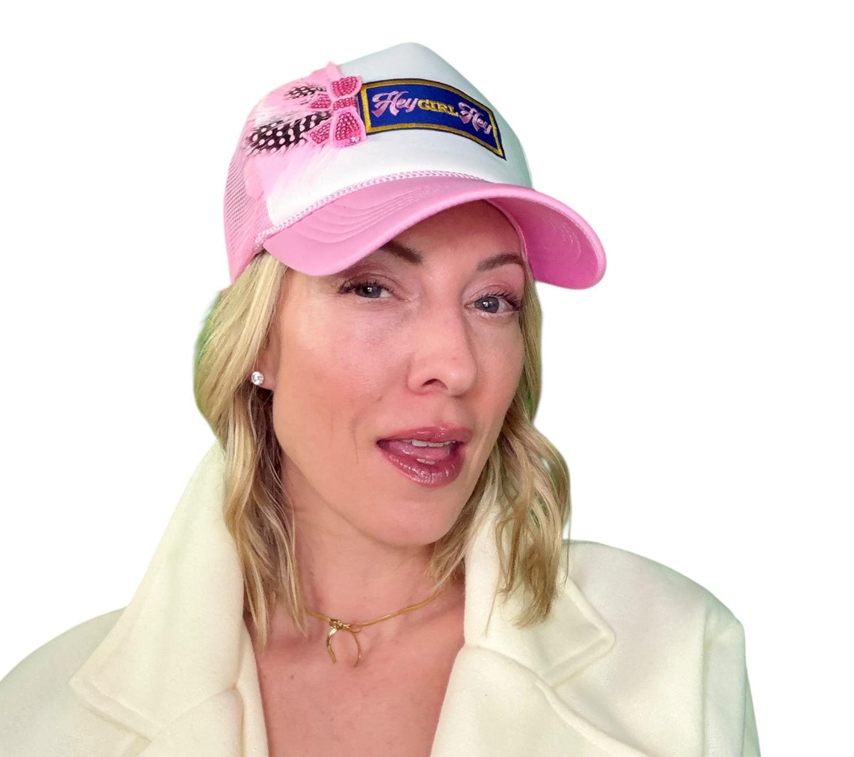 I See You Friendship “Hey GIRL Hey” Patchwork Feather & Jeweled Accented Trucker Hat