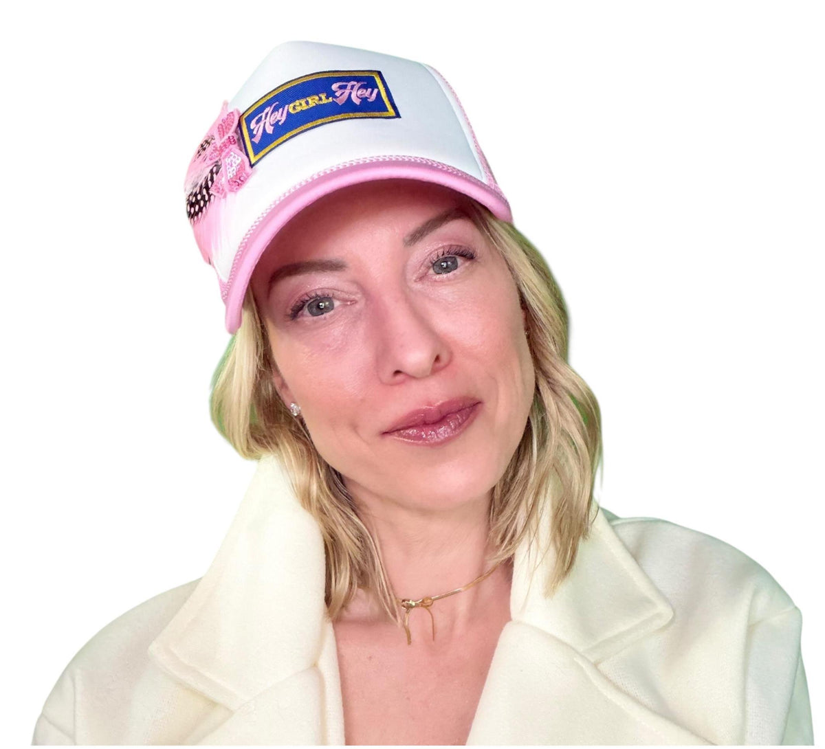 I See You Friendship “Hey GIRL Hey” Patchwork Feather & Jeweled Accented Trucker Hat