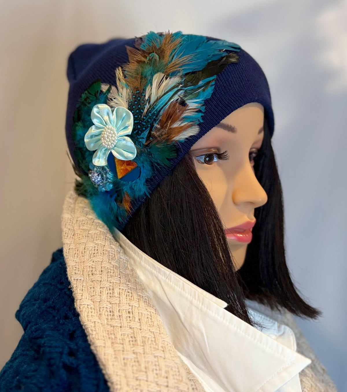 Fancy Feathered Jeweled Knit Hat - Vintage Floral Winter Flapper Beanie - Luxury Skiing Hat