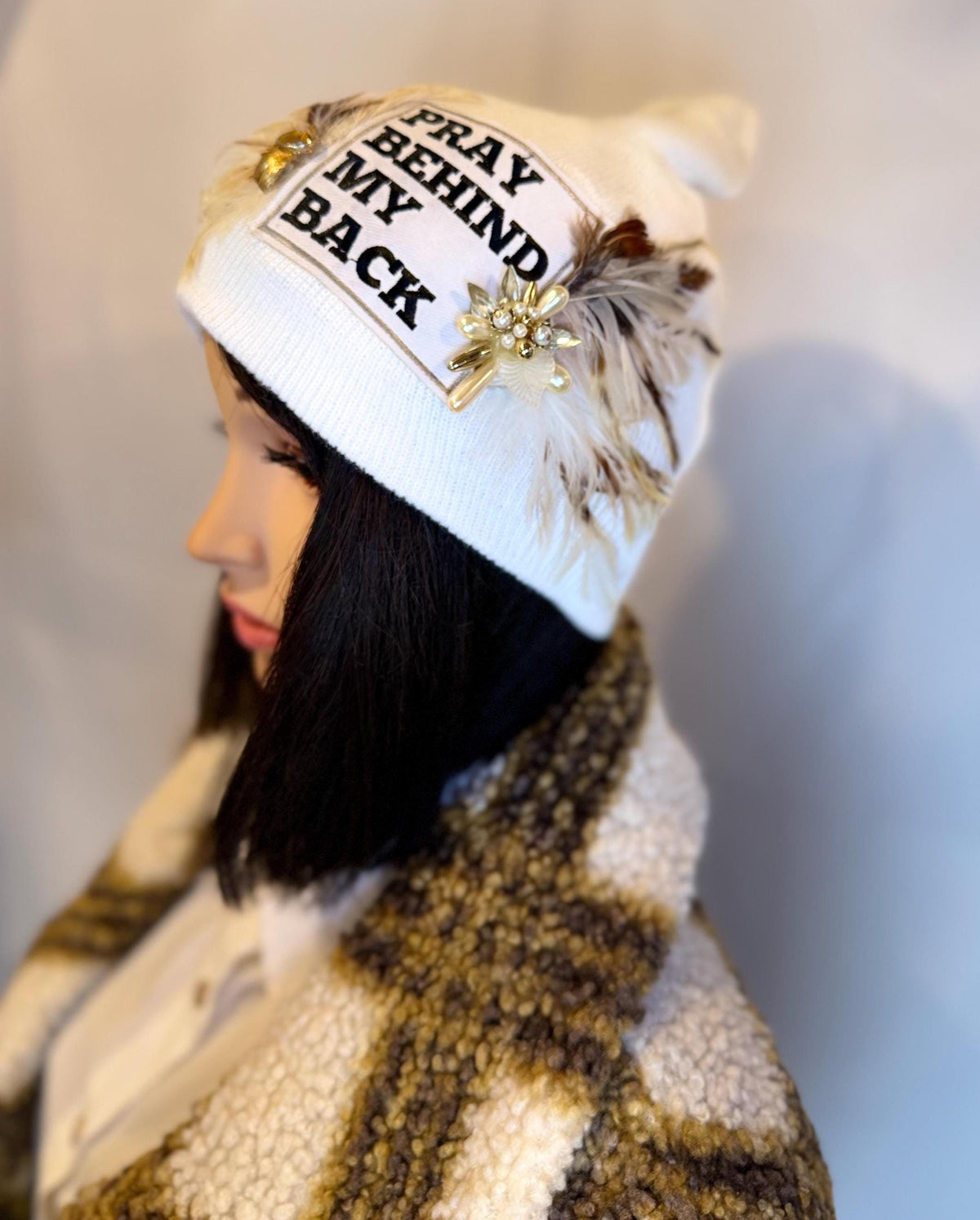 Sending A Message Stylish Statement “Pray Behind My Back” Patchwork Jeweled Fashionable Beanie