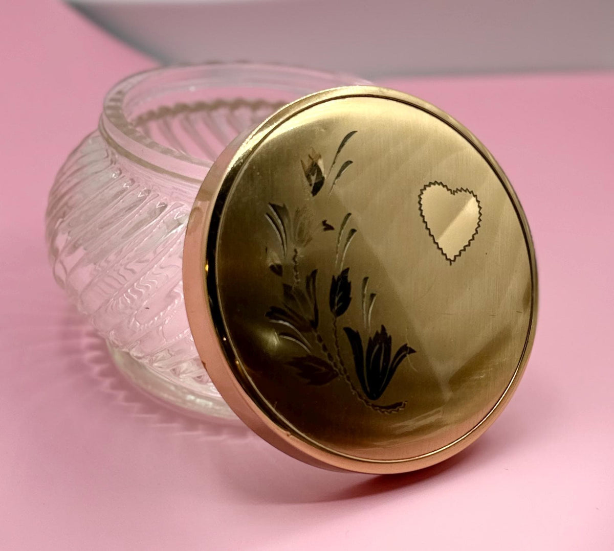 Vintage Ribbed Glass Vanity Jars with Brass Heart Floral Lids - Set of 3 Victorian Powder Containers