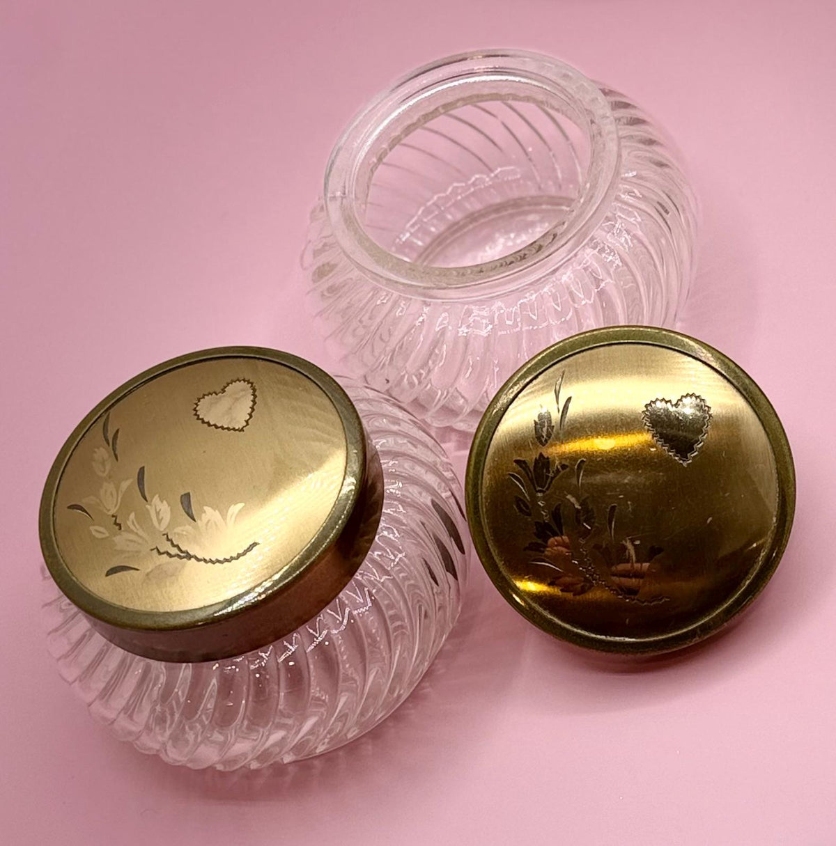 Vintage Ribbed Glass Vanity Jars with Brass Heart Floral Lids - Set of 3 Victorian Powder Containers