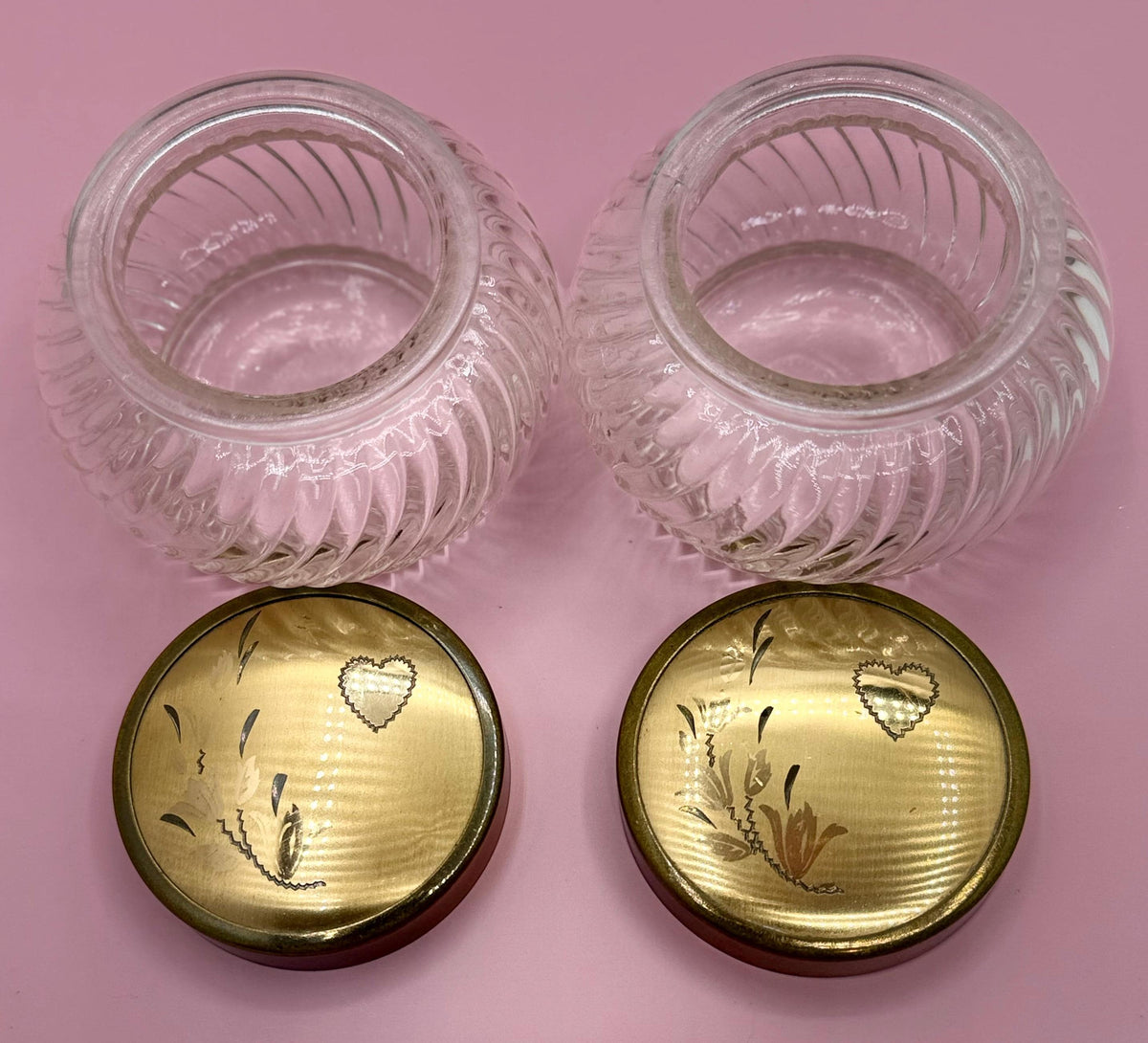 Vintage Ribbed Glass Vanity Jars with Brass Heart Floral Lids - Set of 3 Victorian Powder Containers