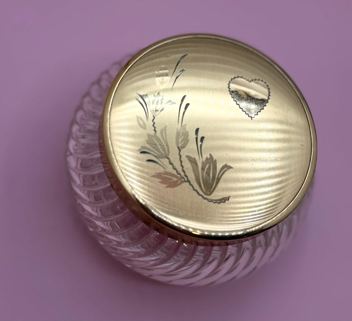 Vintage Ribbed Glass Vanity Jars with Brass Heart Floral Lids - Set of 3 Victorian Powder Containers