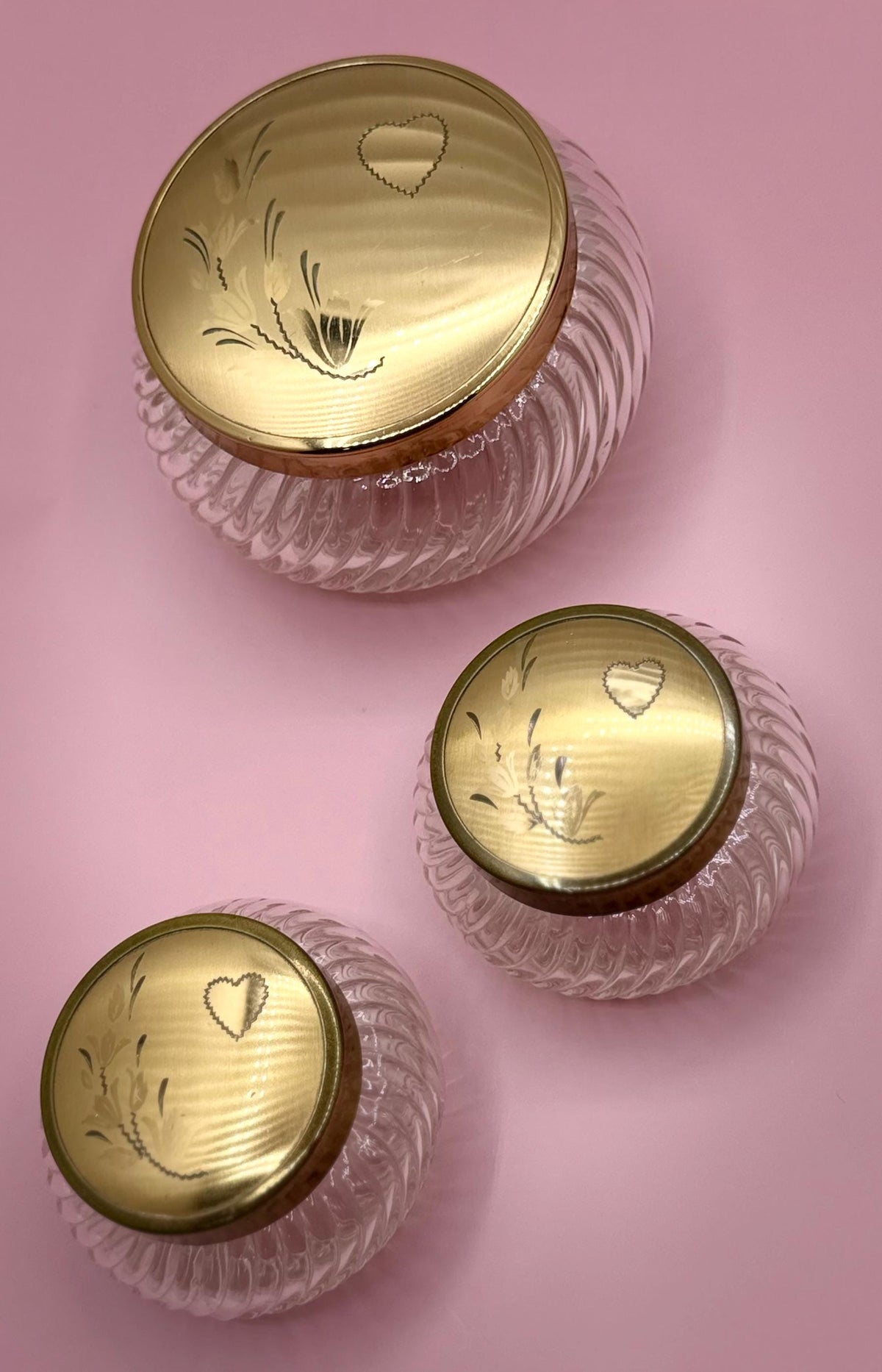 Vintage Ribbed Glass Vanity Jars with Brass Heart Floral Lids - Set of 3 Victorian Powder Containers
