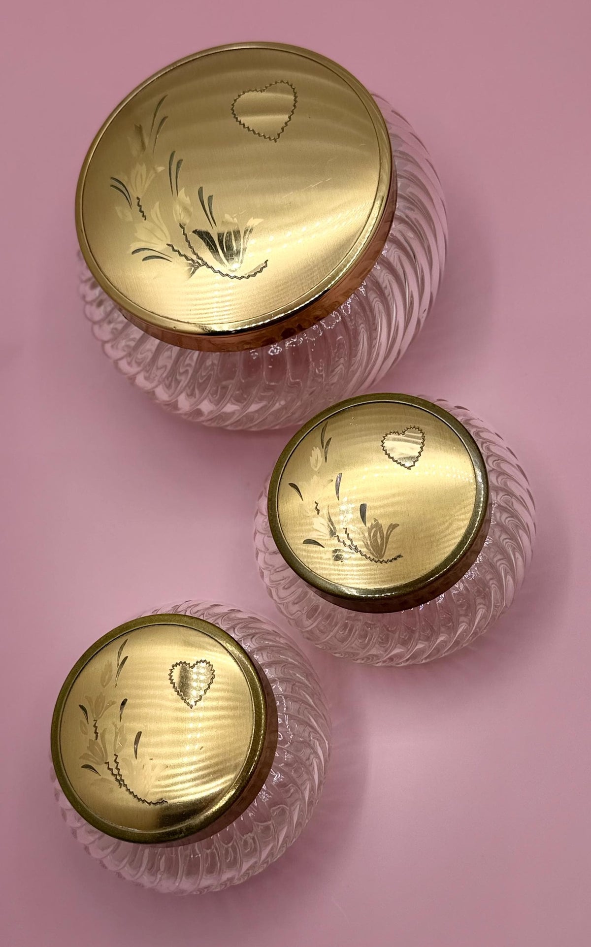 Vintage Ribbed Glass Vanity Jars with Brass Heart Floral Lids - Set of 3 Victorian Powder Containers