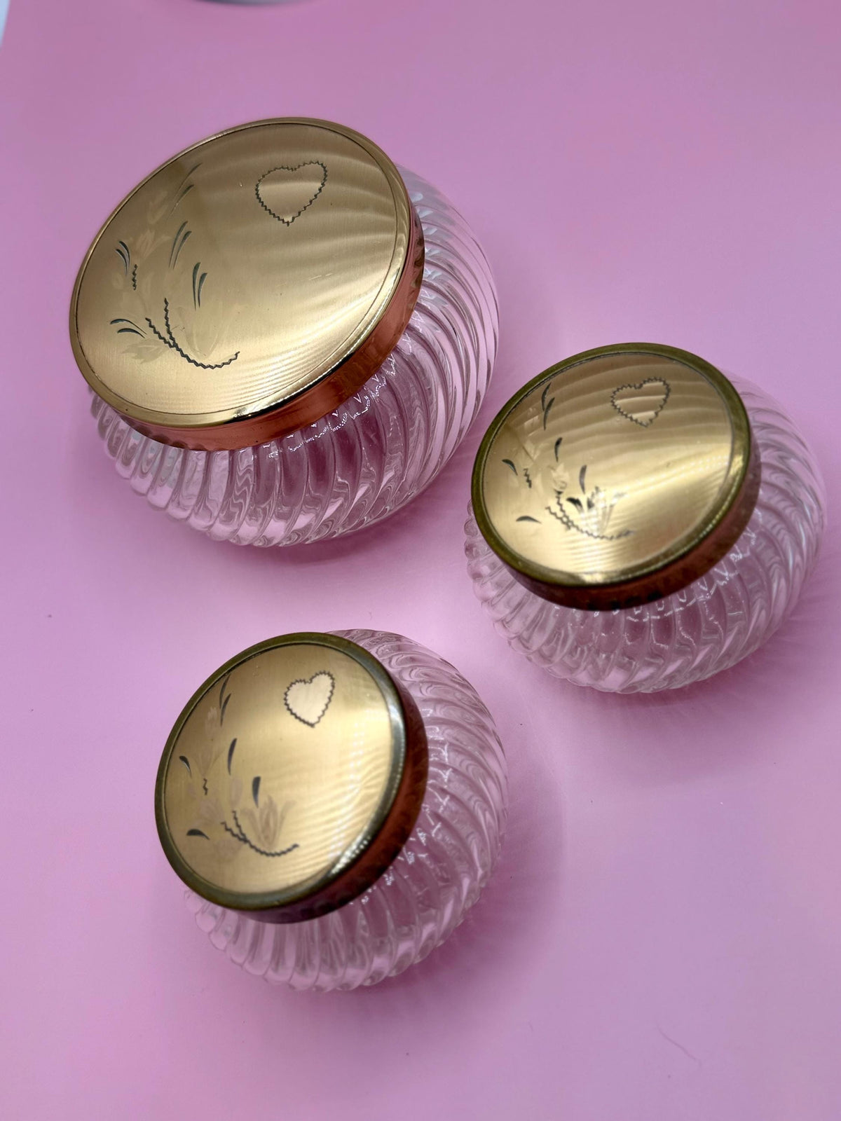 Vintage Ribbed Glass Vanity Jars with Brass Heart Floral Lids - Set of 3 Victorian Powder Containers
