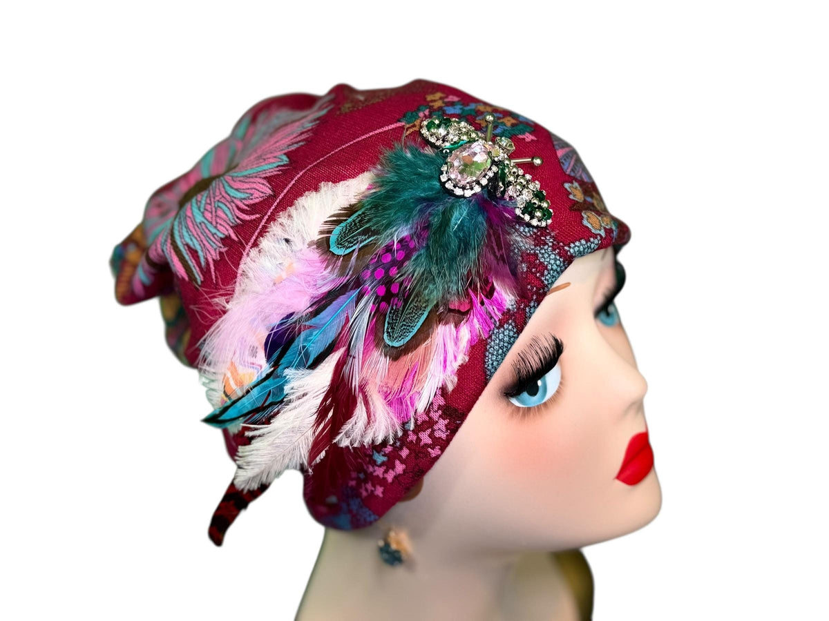 Elegant Roaring 20’s Vibe Feathered Jeweled Hat - Winter Flapper Beanie - Fashionable Skiing Hat
