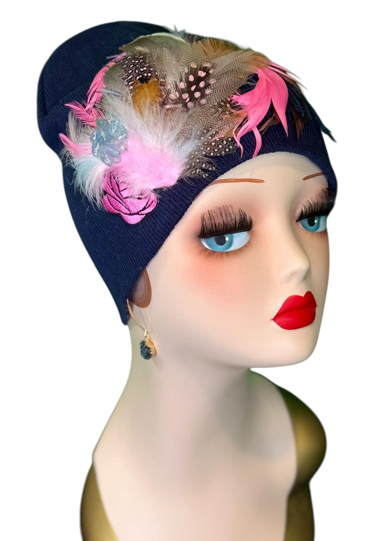 Periwinkle Roses Fashionable Feather & Jeweled Statement Winter Beanie - Luxury Skiing Hat