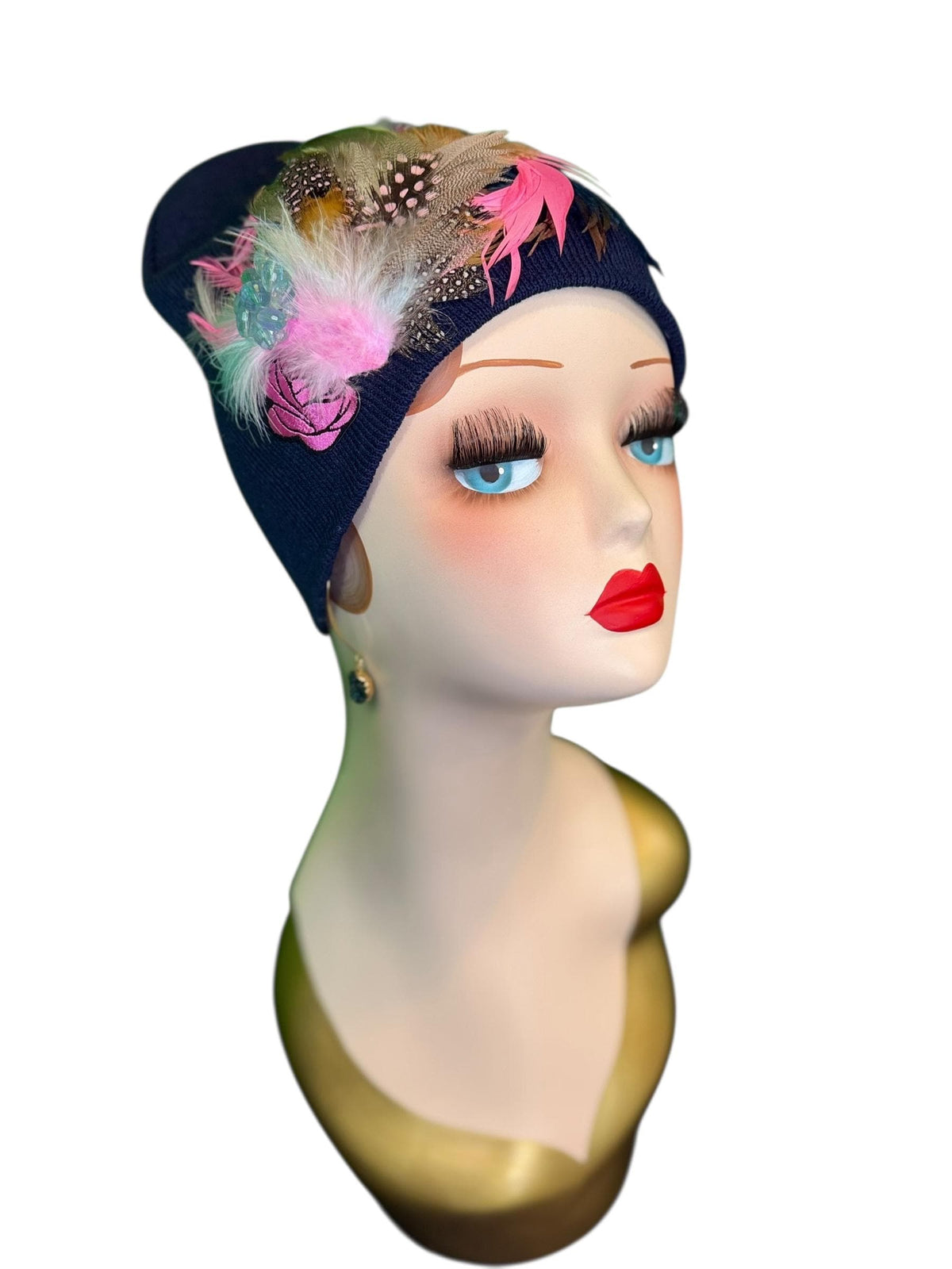 Periwinkle Roses Fashionable Feather & Jeweled Statement Winter Beanie - Luxury Skiing Hat