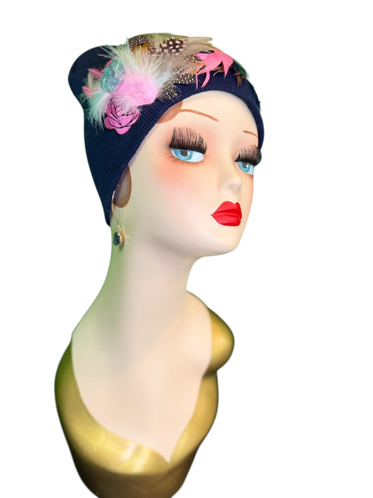 Periwinkle Roses Fashionable Feather & Jeweled Statement Winter Beanie - Luxury Skiing Hat