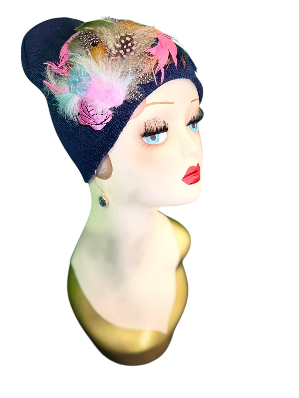 Periwinkle Roses Fashionable Feather & Jeweled Statement Winter Beanie - Luxury Skiing Hat