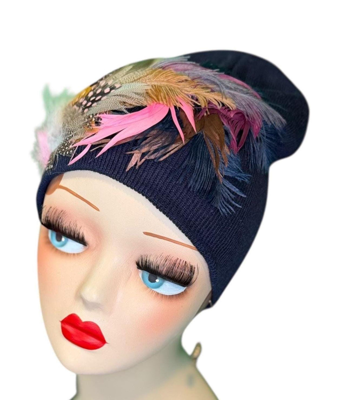 Periwinkle Roses Fashionable Feather & Jeweled Statement Winter Beanie - Luxury Skiing Hat