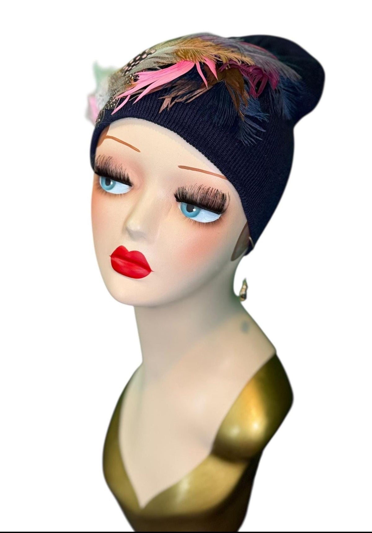 Periwinkle Roses Fashionable Feather & Jeweled Statement Winter Beanie - Luxury Skiing Hat