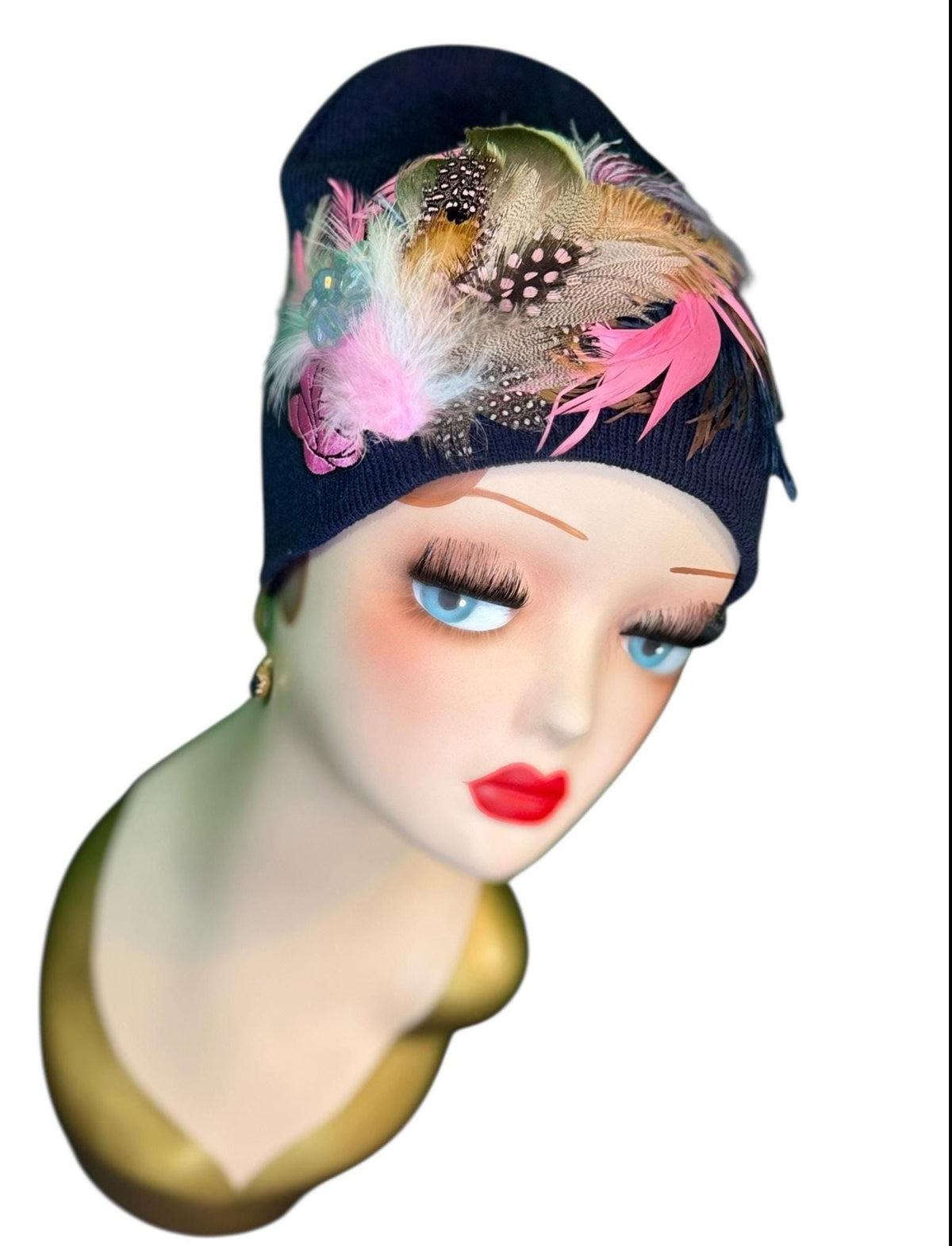 Periwinkle Roses Fashionable Feather & Jeweled Statement Winter Beanie - Luxury Skiing Hat
