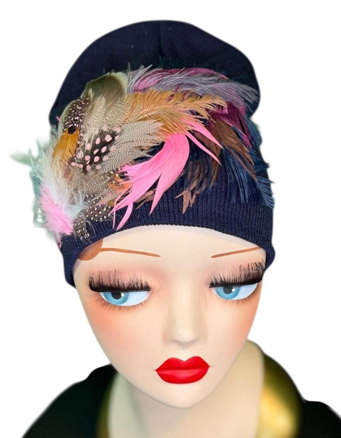 Periwinkle Roses Fashionable Feather & Jeweled Statement Winter Beanie - Luxury Skiing Hat
