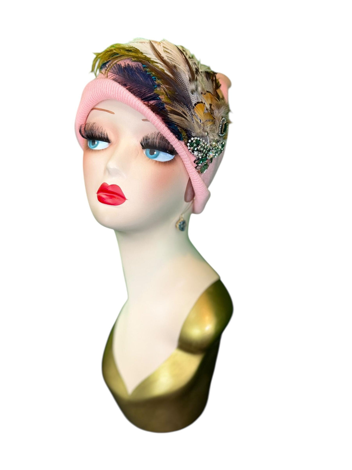 Pink Bumblebee Glam Vintage Jeweled & Fancy Feather Embellished Winter Flapper Beanie
