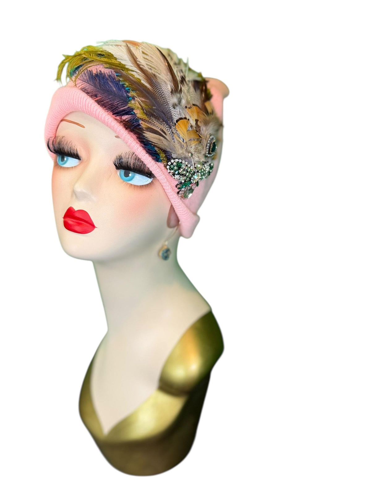 Pink Bumblebee Glam Vintage Jeweled & Fancy Feather Embellished Winter Flapper Beanie