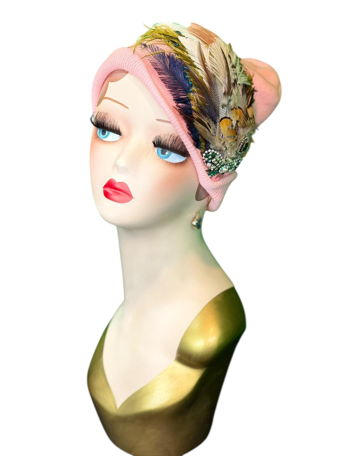 Pink Bumblebee Glam Vintage Jeweled & Fancy Feather Embellished Winter Flapper Beanie