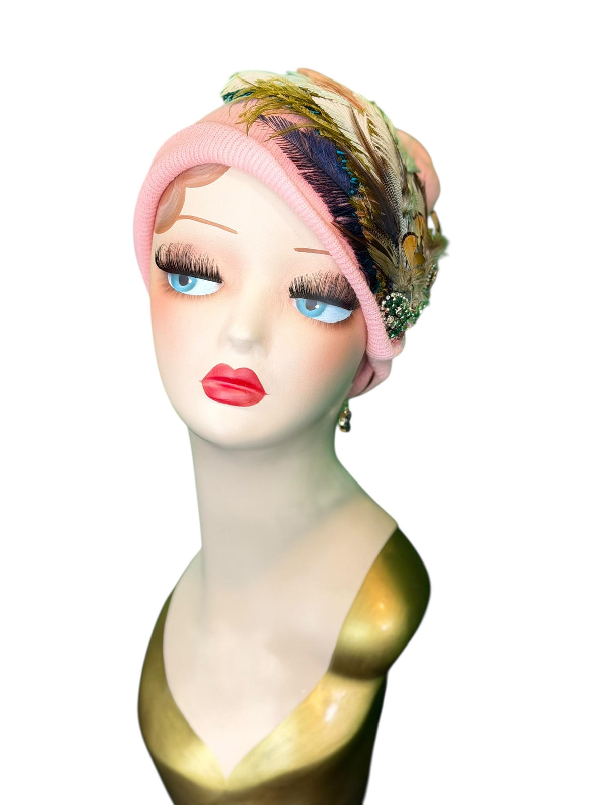 Pink Bumblebee Glam Vintage Jeweled & Fancy Feather Embellished Winter Flapper Beanie