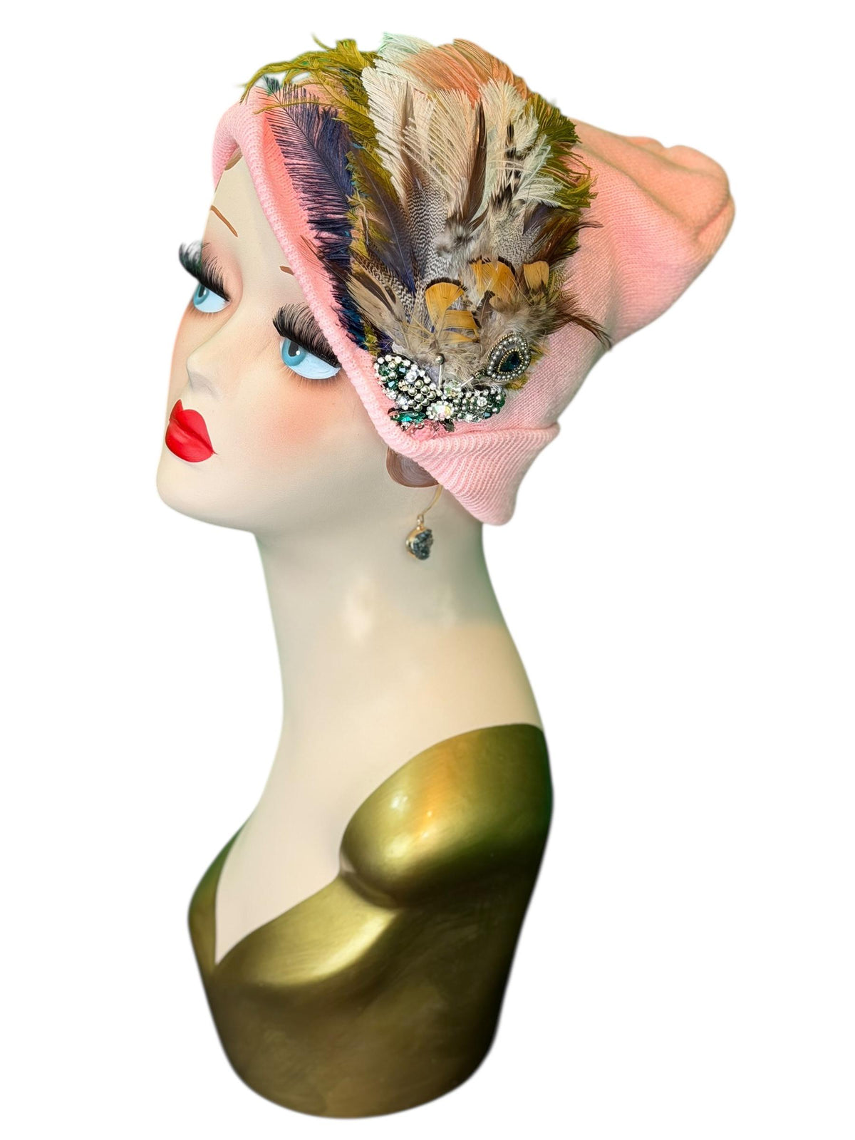 Pink Bumblebee Glam Vintage Jeweled & Fancy Feather Embellished Winter Flapper Beanie