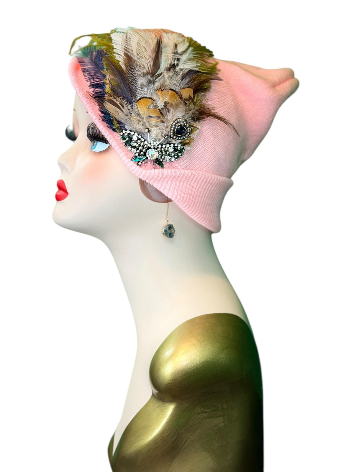 Pink Bumblebee Glam Vintage Jeweled & Fancy Feather Embellished Winter Flapper Beanie