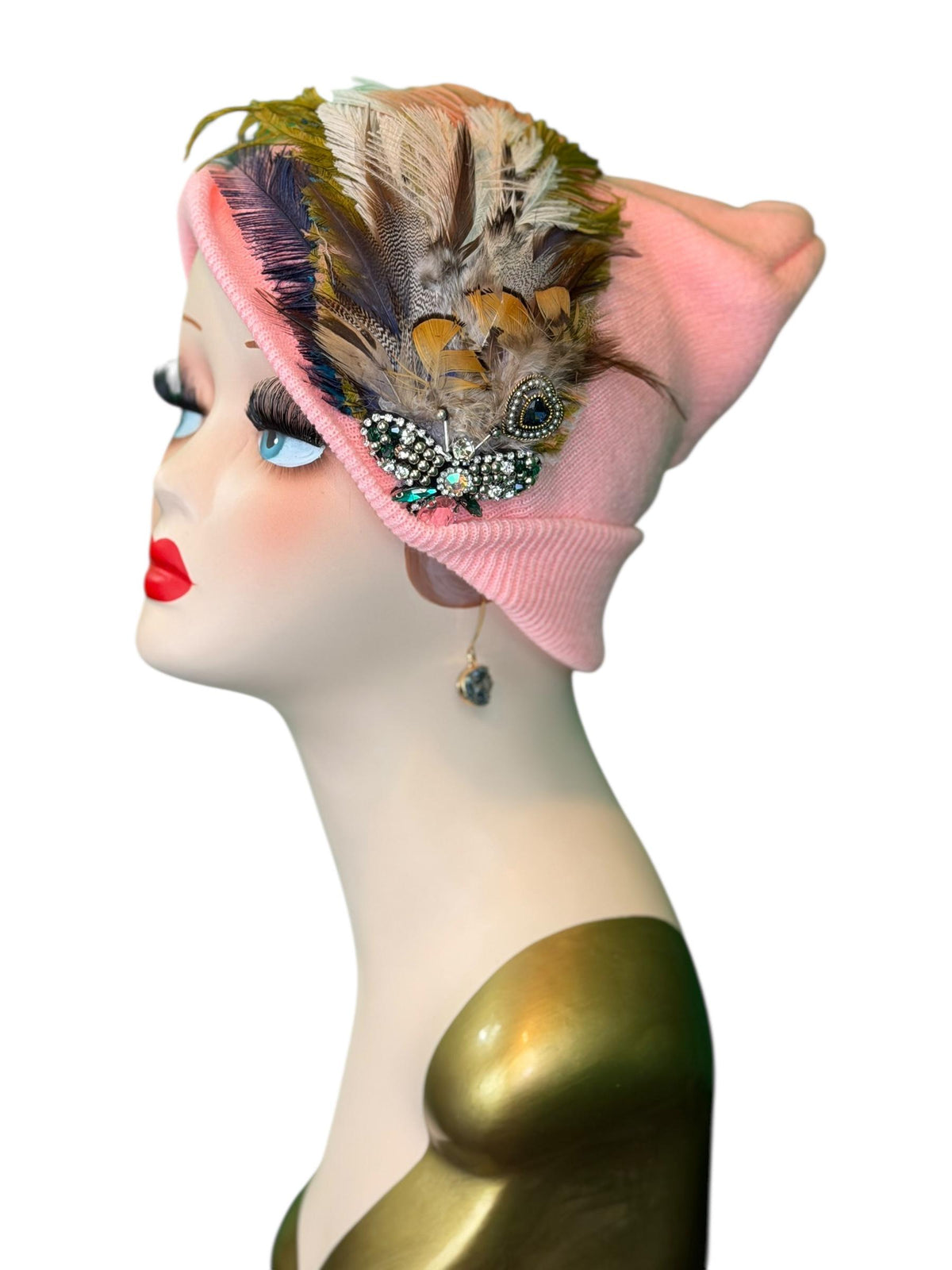 Pink Bumblebee Glam Vintage Jeweled & Fancy Feather Embellished Winter Flapper Beanie