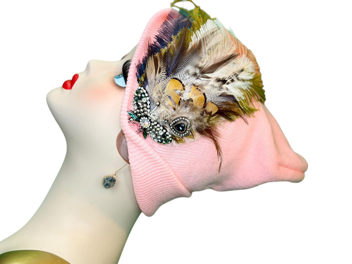 Pink Bumblebee Glam Vintage Jeweled & Fancy Feather Embellished Winter Flapper Beanie