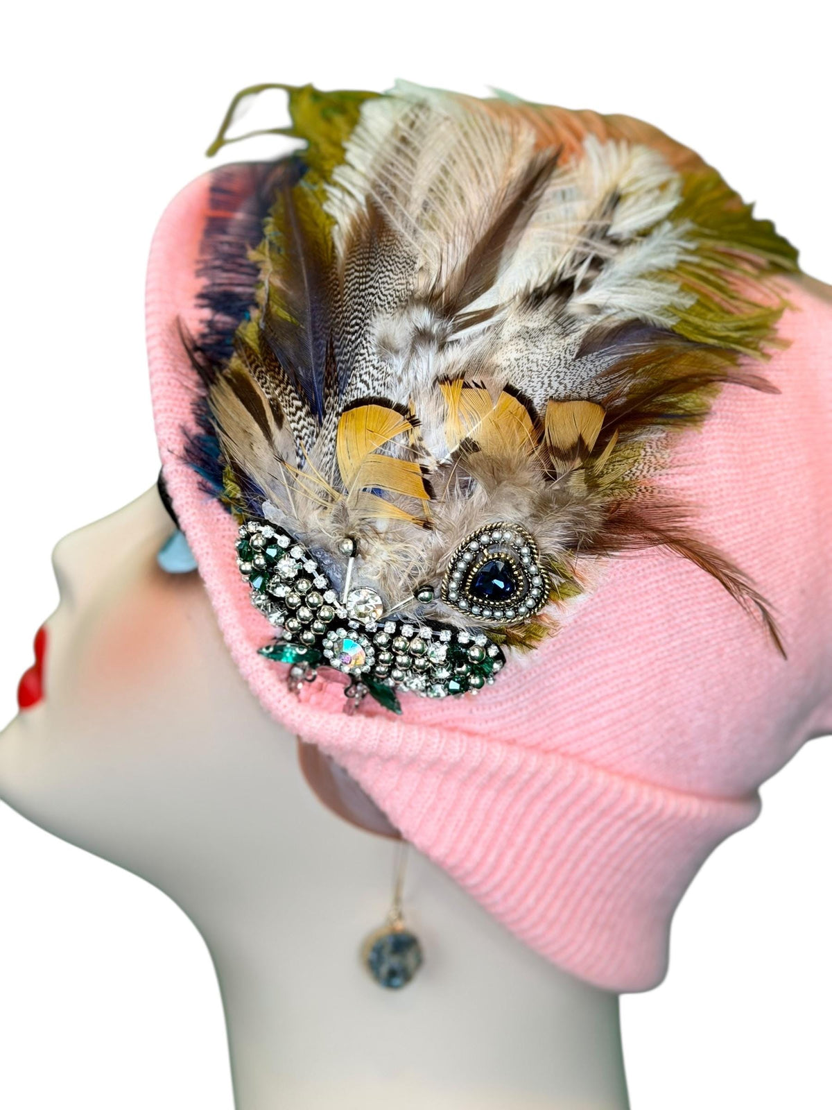 Pink Bumblebee Glam Vintage Jeweled & Fancy Feather Embellished Winter Flapper Beanie