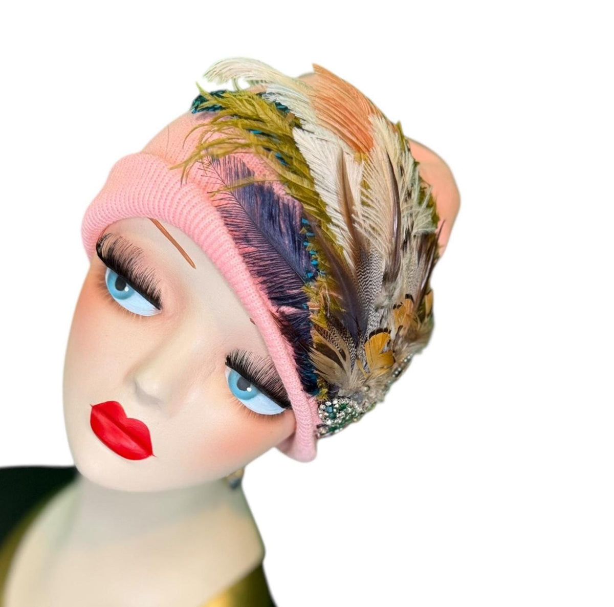 Pink Bumblebee Glam Vintage Jeweled & Fancy Feather Embellished Winter Flapper Beanie