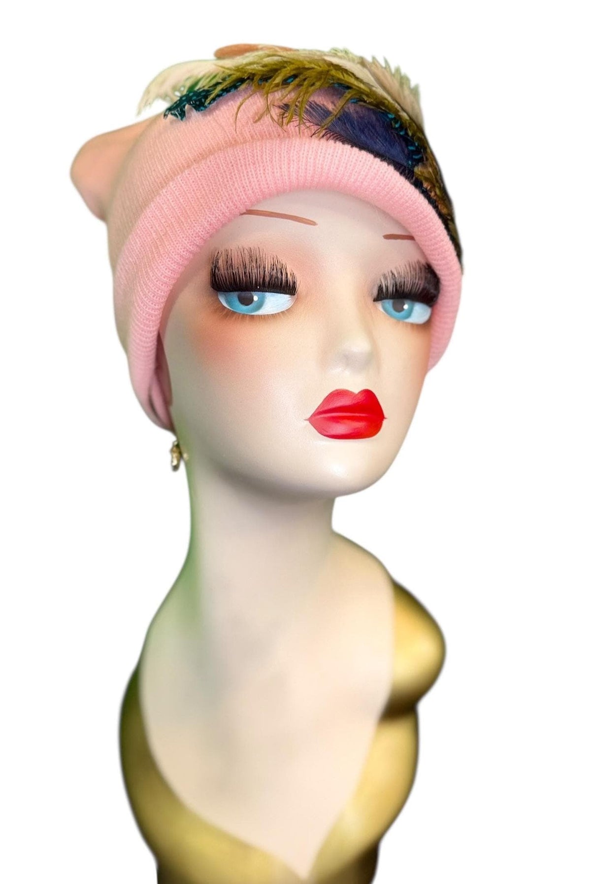 Pink Bumblebee Glam Vintage Jeweled & Fancy Feather Embellished Winter Flapper Beanie