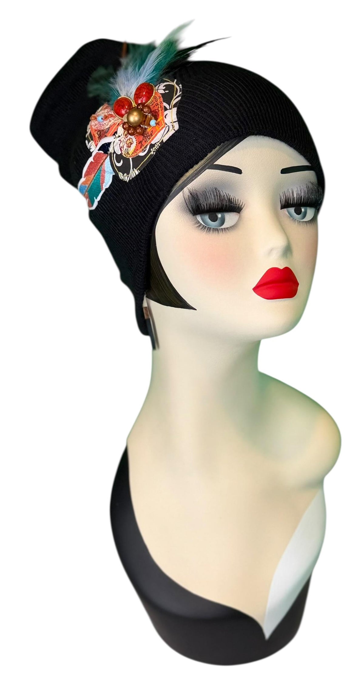 Tribal Night-Time Vibes Patchwork Flapper Designer Feathered Jeweled Embellished Knit Hat Beanie Vintage Boutique Accessory