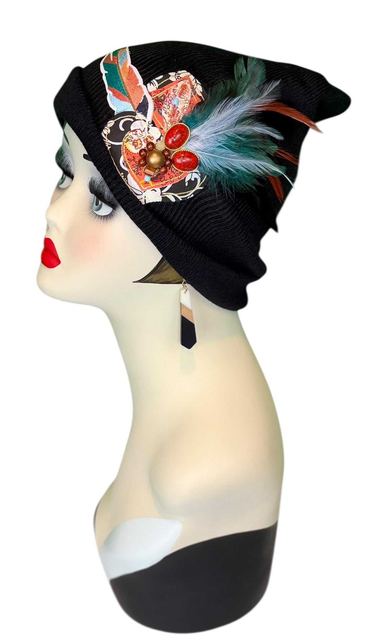 Tribal Night-Time Vibes Patchwork Flapper Designer Feathered Jeweled Embellished Knit Hat Beanie Vintage Boutique Accessory