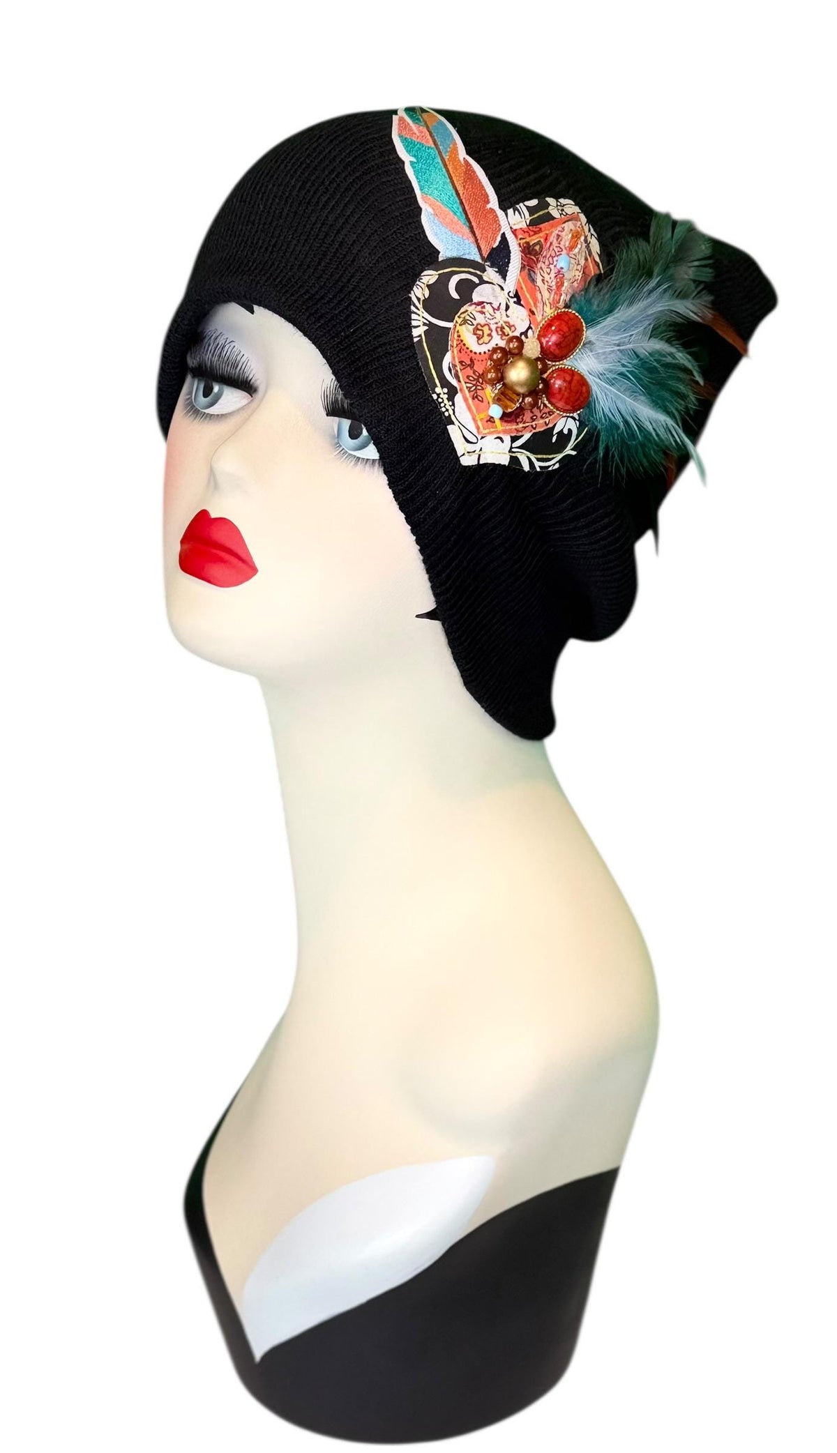 Tribal Night-Time Vibes Patchwork Flapper Designer Feathered Jeweled Embellished Knit Hat Beanie Vintage Boutique Accessory
