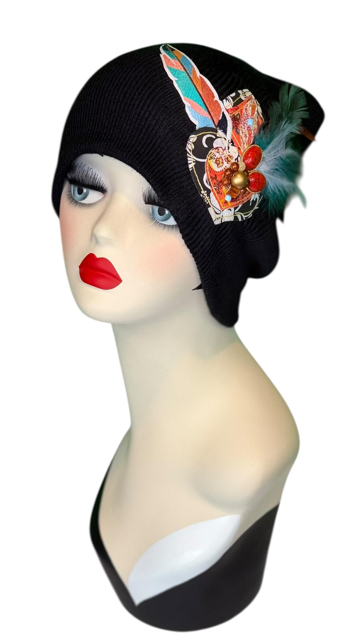 Tribal Night-Time Vibes Patchwork Flapper Designer Feathered Jeweled Embellished Knit Hat Beanie Vintage Boutique Accessory