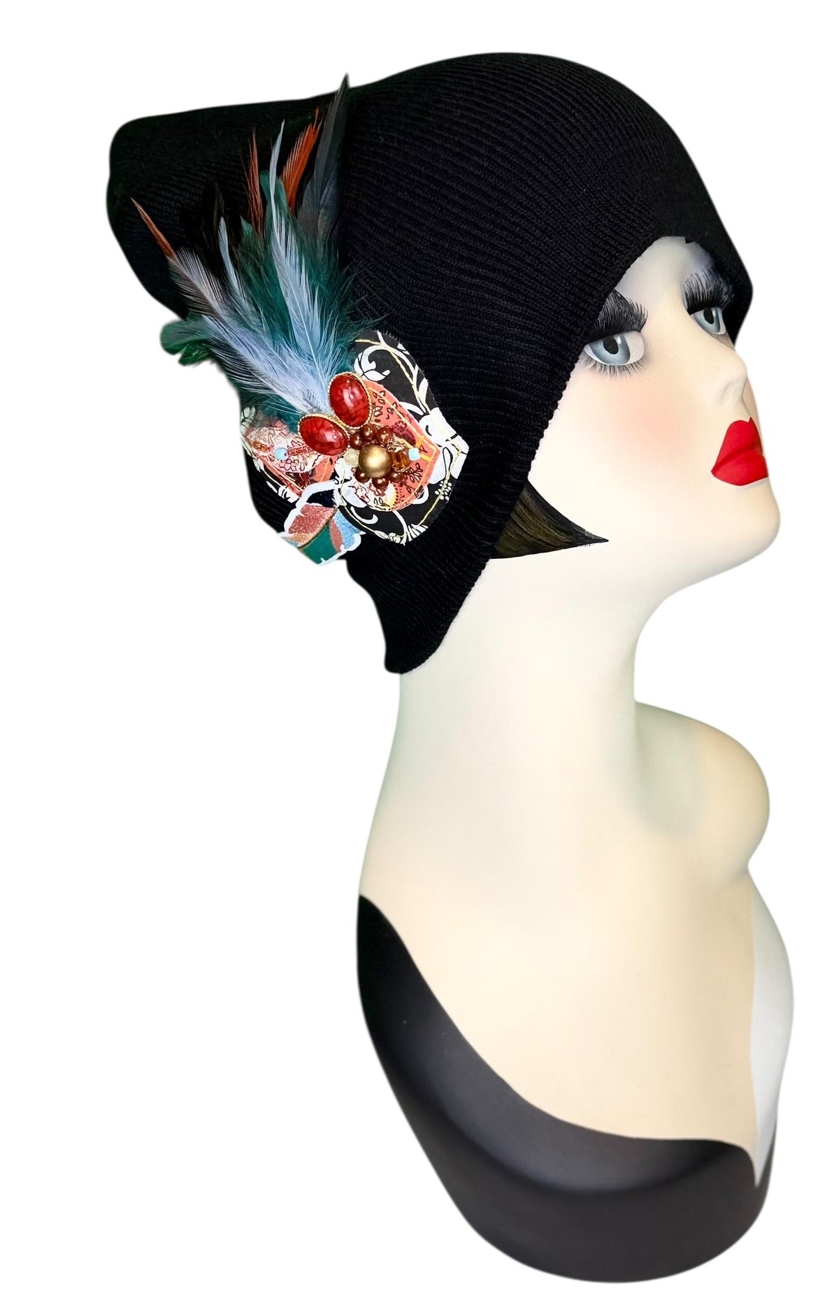 Tribal Night-Time Vibes Patchwork Flapper Designer Feathered Jeweled Embellished Knit Hat Beanie Vintage Boutique Accessory