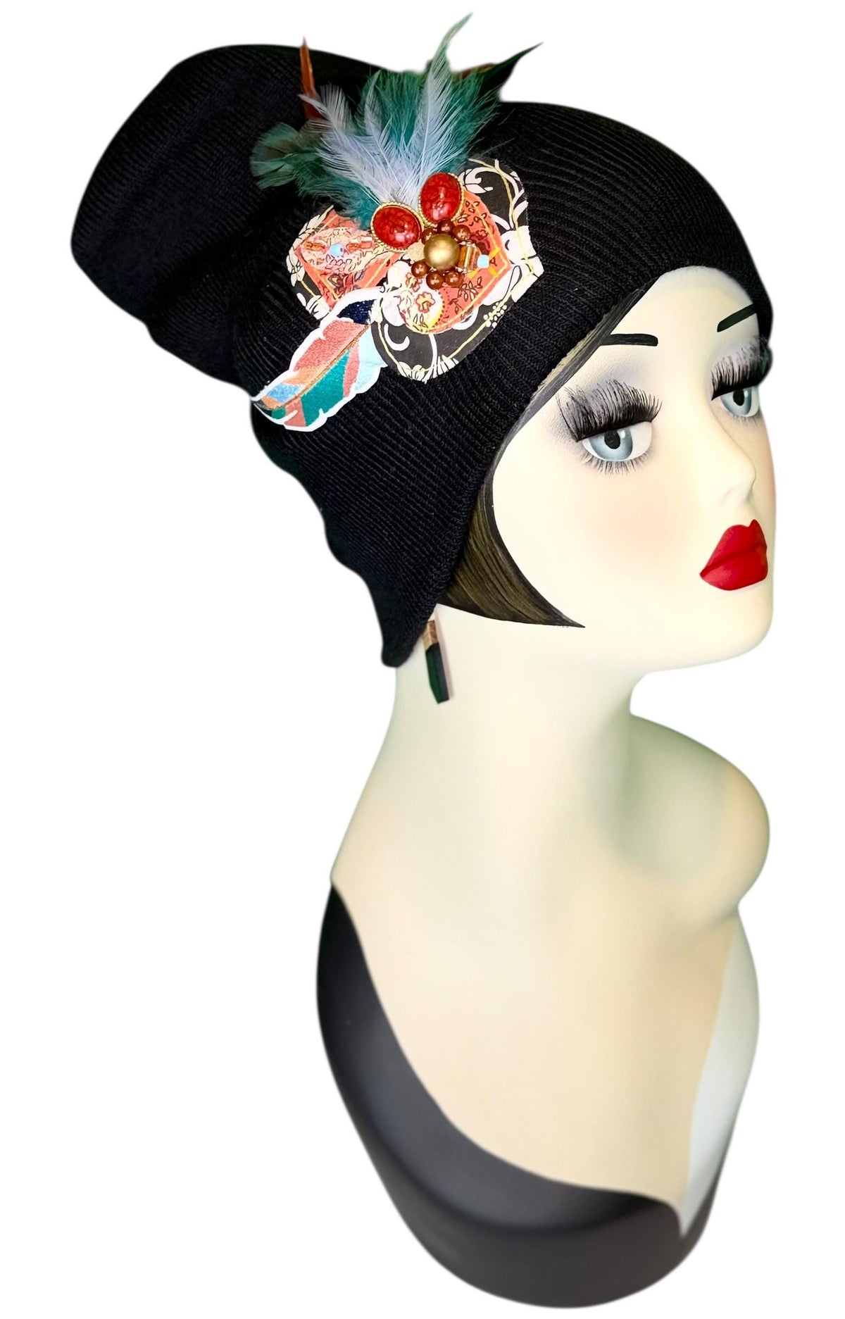 Tribal Night-Time Vibes Patchwork Flapper Designer Feathered Jeweled Embellished Knit Hat Beanie Vintage Boutique Accessory