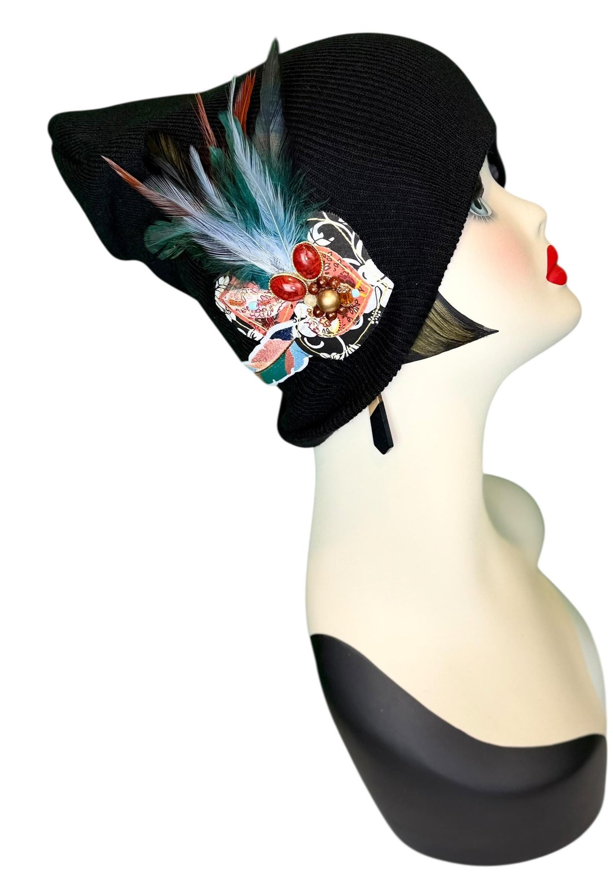 Tribal Night-Time Vibes Patchwork Flapper Designer Feathered Jeweled Embellished Knit Hat Beanie Vintage Boutique Accessory