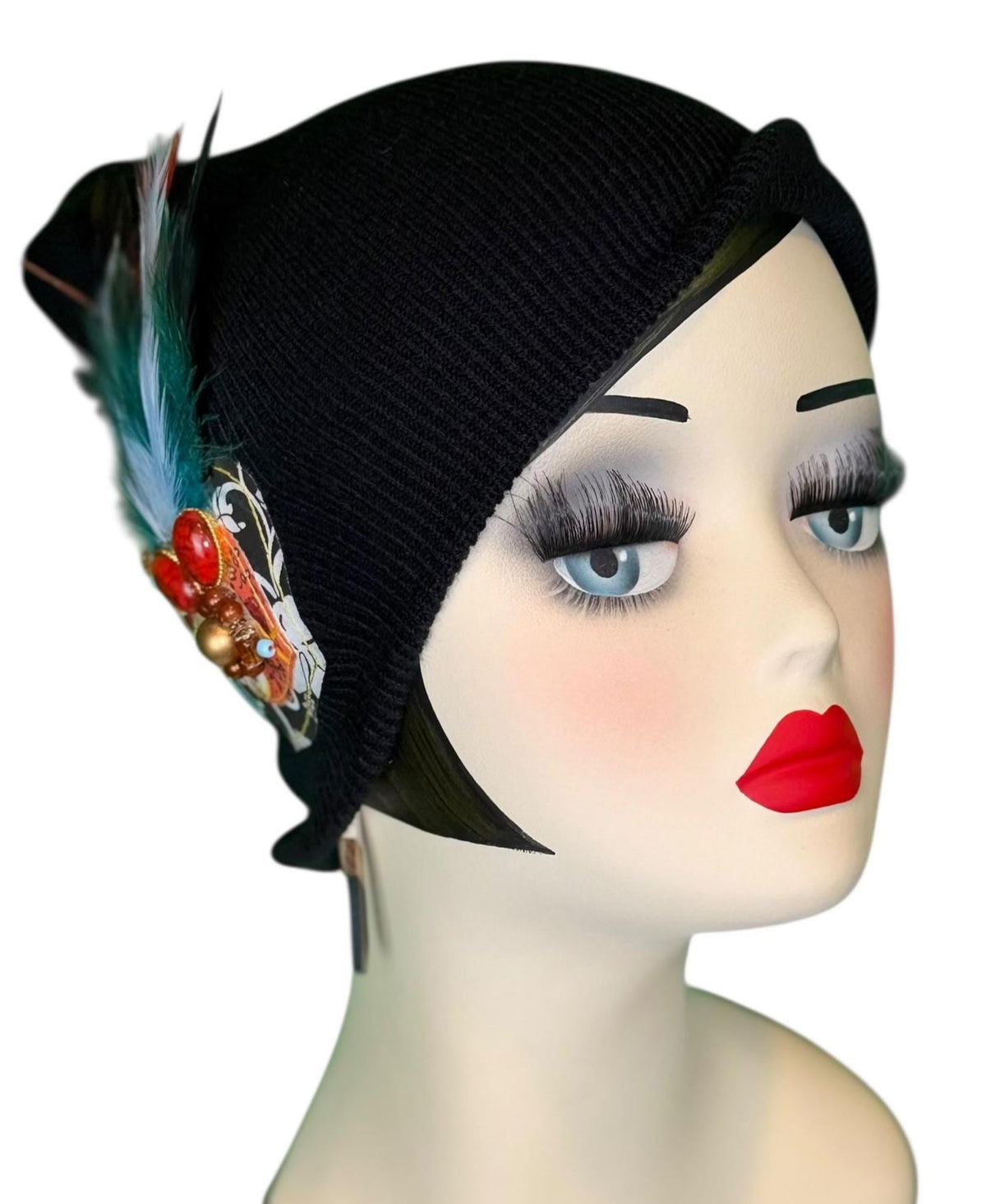 Tribal Night-Time Vibes Patchwork Flapper Designer Feathered Jeweled Embellished Knit Hat Beanie Vintage Boutique Accessory