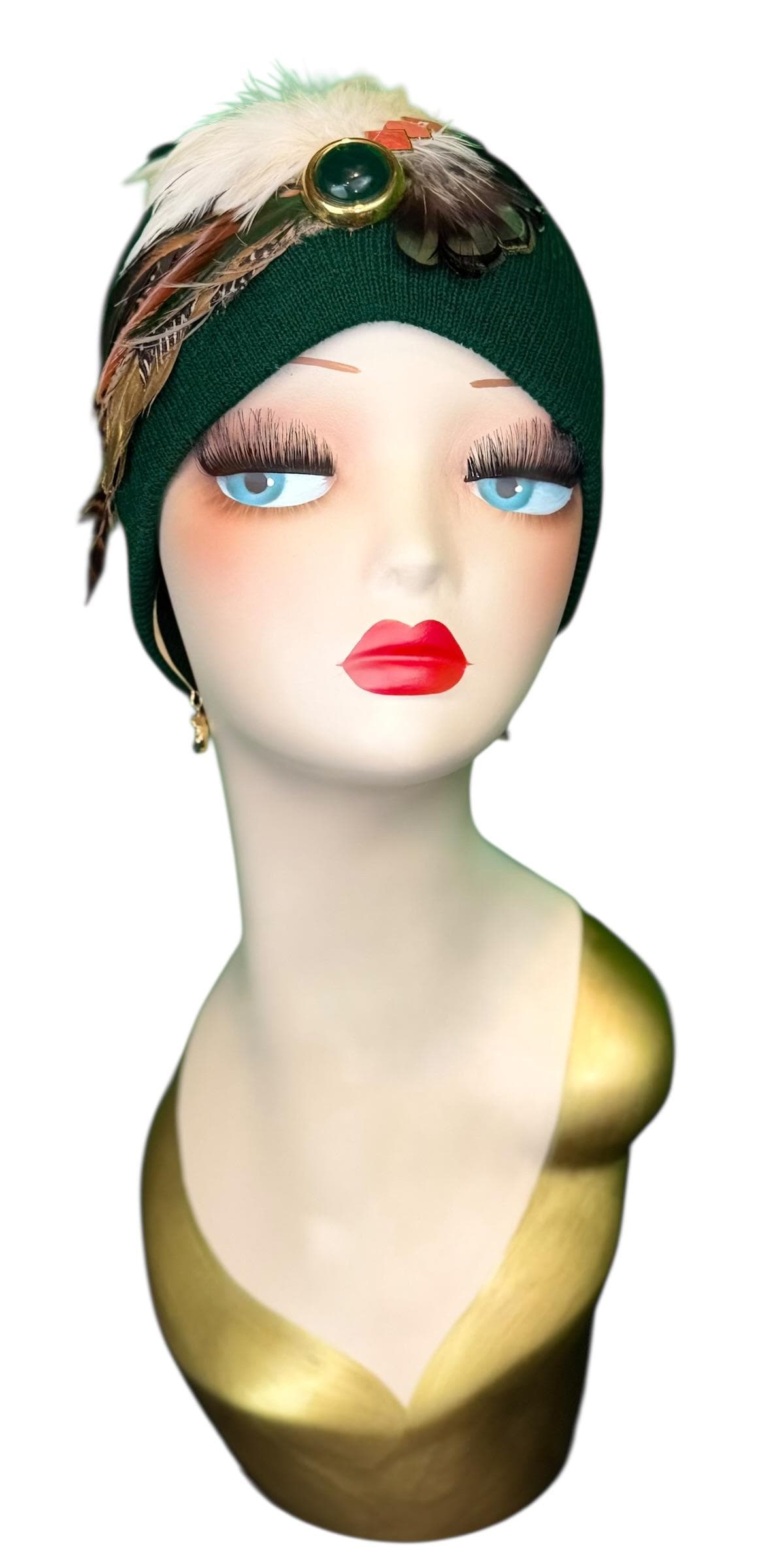 Emerald Orange - Walk by the Lake -Embellished Vintage Jeweled - Unique Fashionable Fancy Flapper Beanie