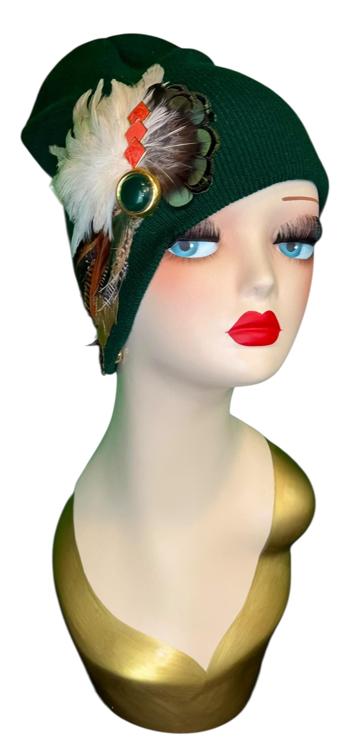 Emerald Orange - Walk by the Lake -Embellished Vintage Jeweled - Unique Fashionable Fancy Flapper Beanie