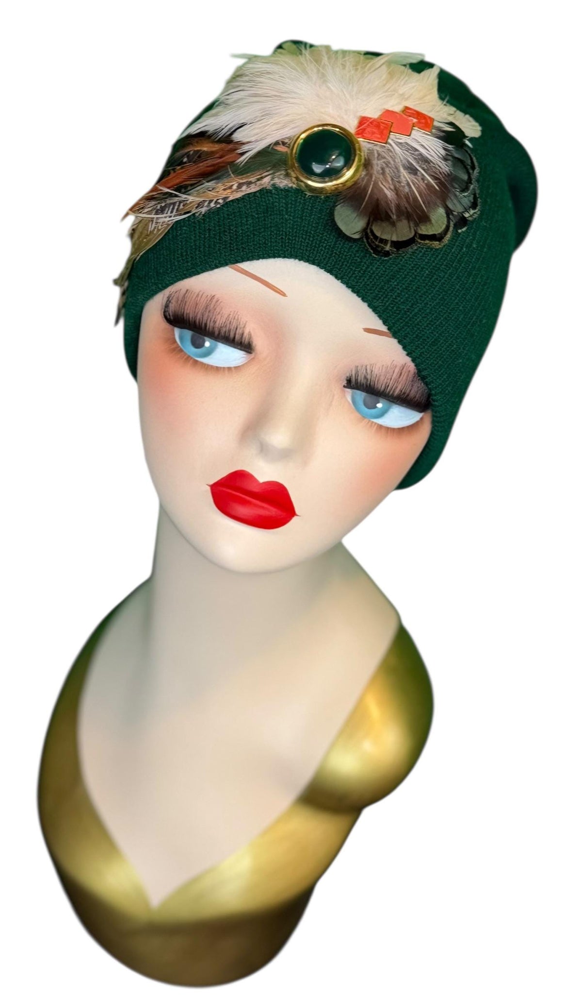 Emerald Orange - Walk by the Lake -Embellished Vintage Jeweled - Unique Fashionable Fancy Flapper Beanie