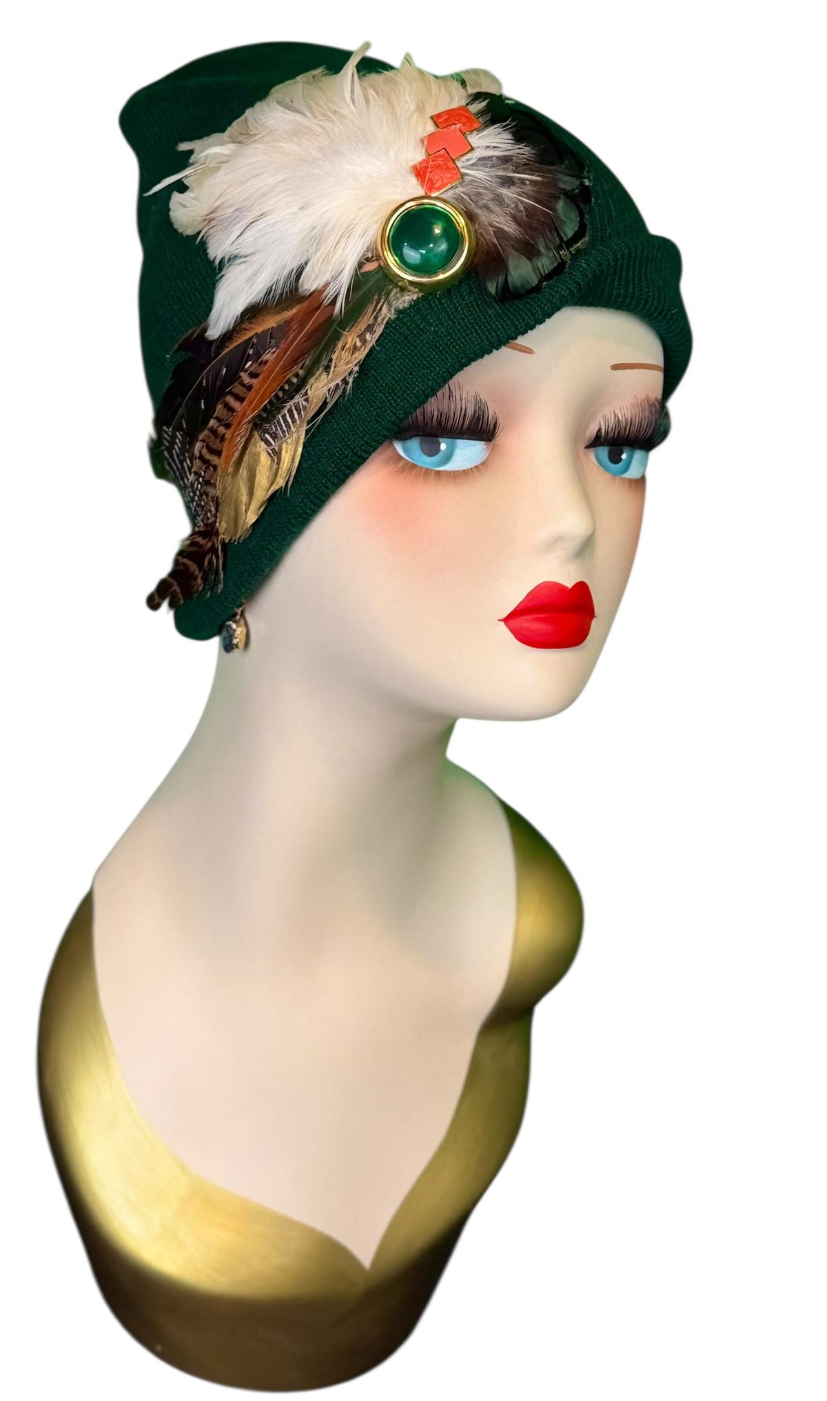 Emerald Orange - Walk by the Lake -Embellished Vintage Jeweled - Unique Fashionable Fancy Flapper Beanie