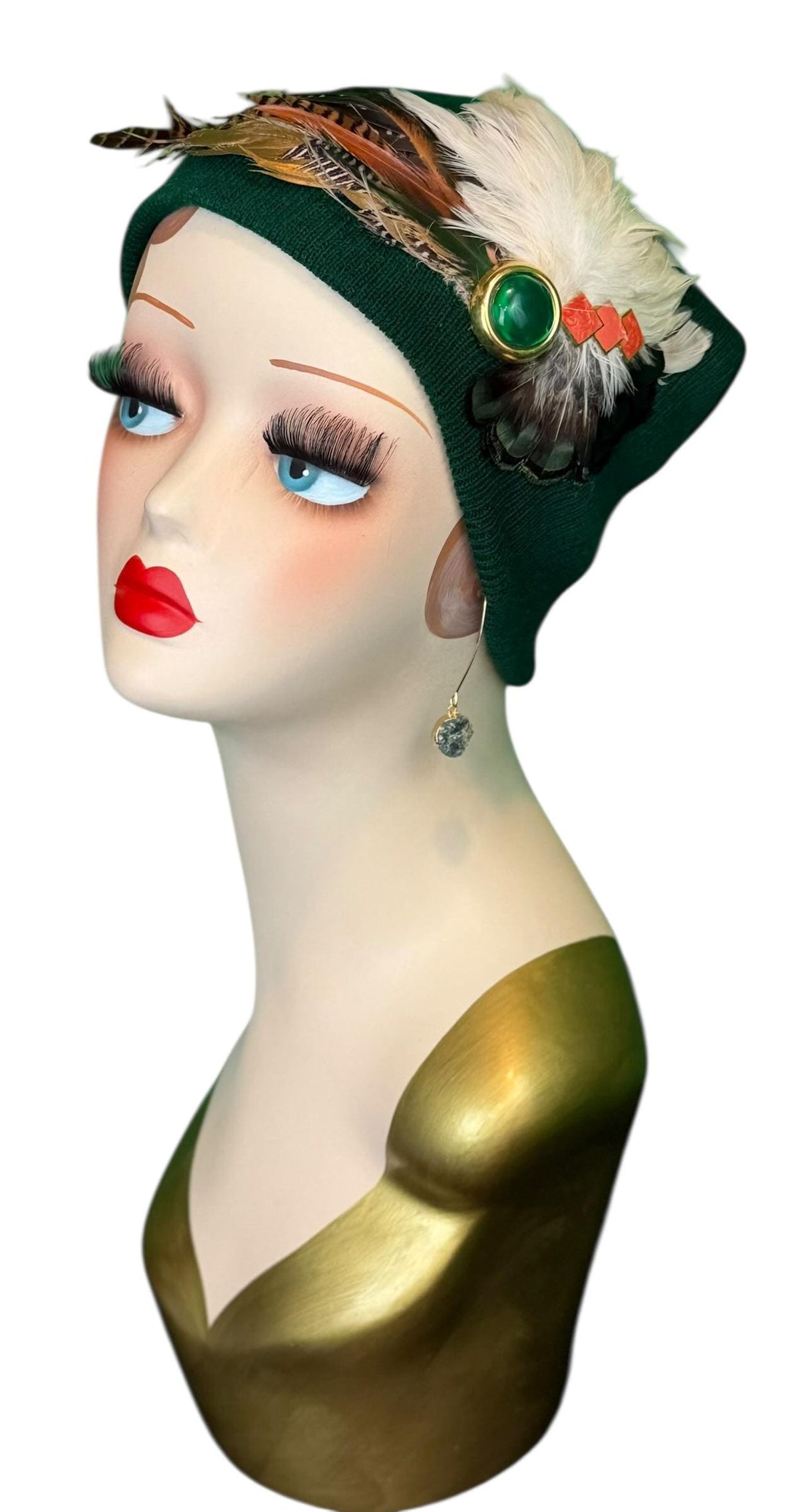 Emerald Orange - Walk by the Lake -Embellished Vintage Jeweled - Unique Fashionable Fancy Flapper Beanie
