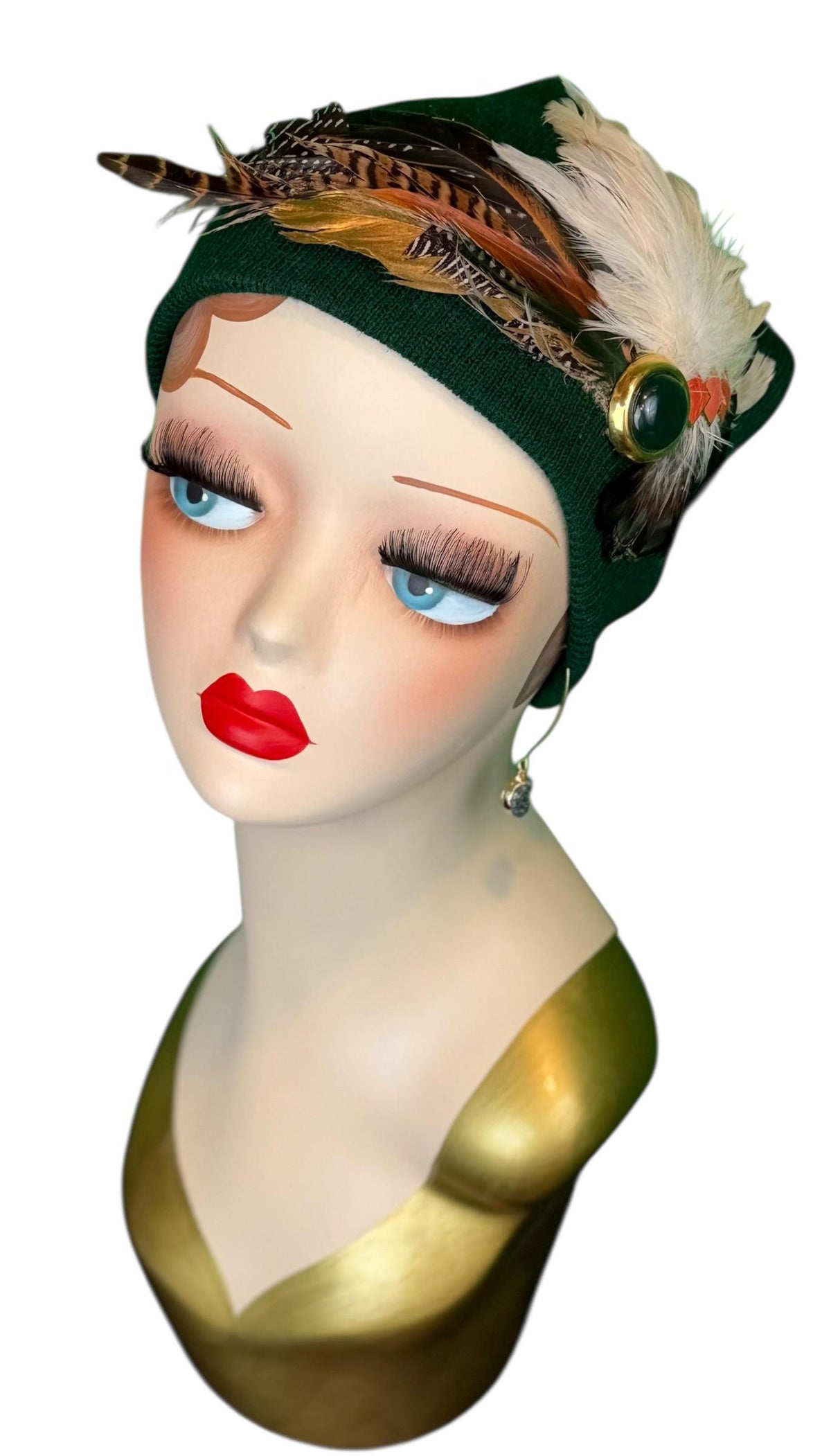 Emerald Orange - Walk by the Lake -Embellished Vintage Jeweled - Unique Fashionable Fancy Flapper Beanie