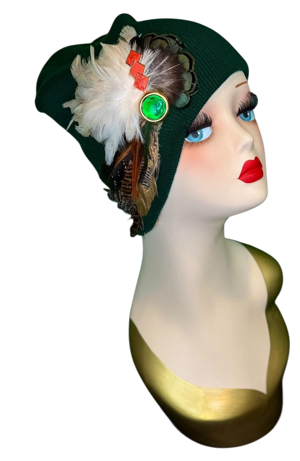 Emerald Orange - Walk by the Lake -Embellished Vintage Jeweled - Unique Fashionable Fancy Flapper Beanie