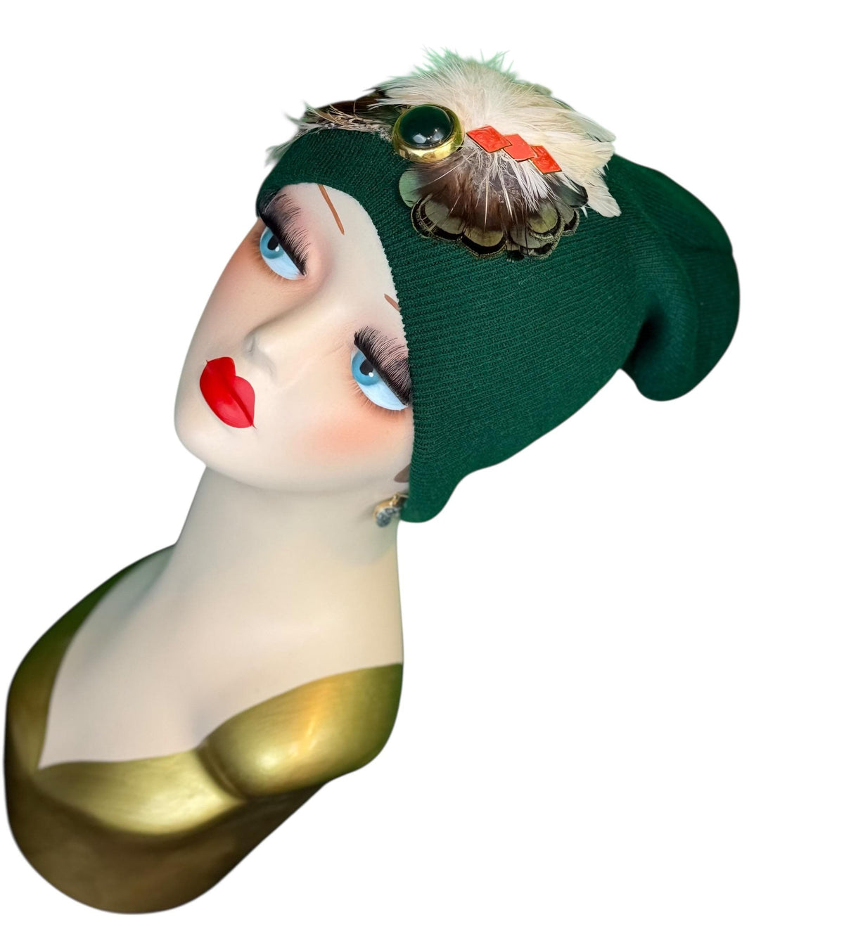 Emerald Orange - Walk by the Lake -Embellished Vintage Jeweled - Unique Fashionable Fancy Flapper Beanie